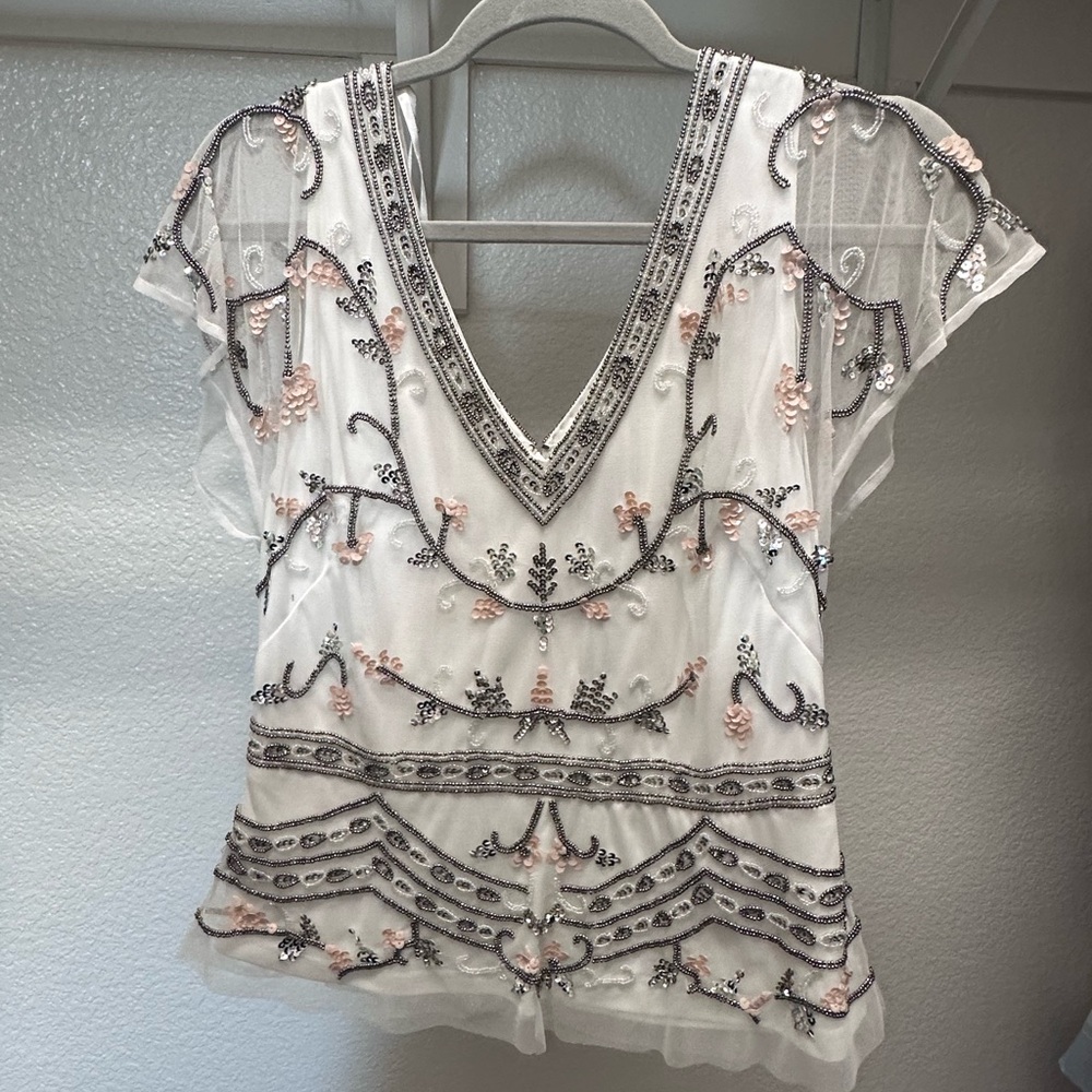 Adrianna Papell White and Pink Embellished Blouse